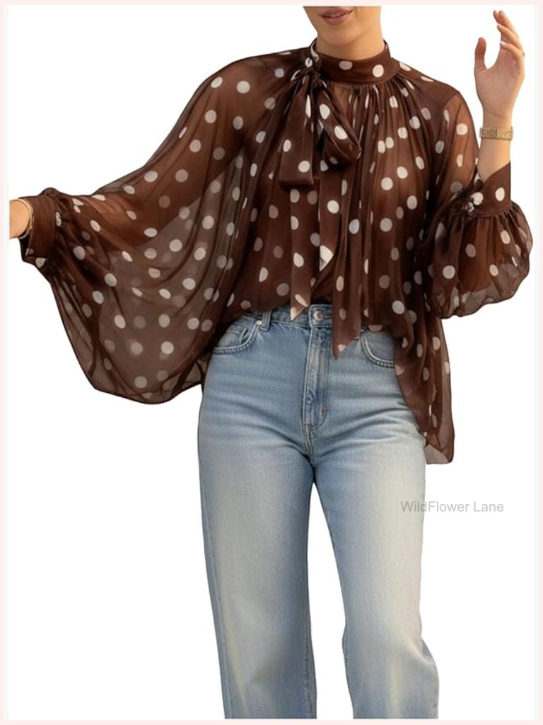 Polka Dots Bishop Sleeve Tie Neck Blouse Tops Dressy Casual Sheer Mesh L